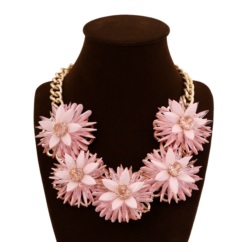 Colorful Fashion Flower Rhinestone Resin Short Women Collar Choker Necklace Statement Jewelry
